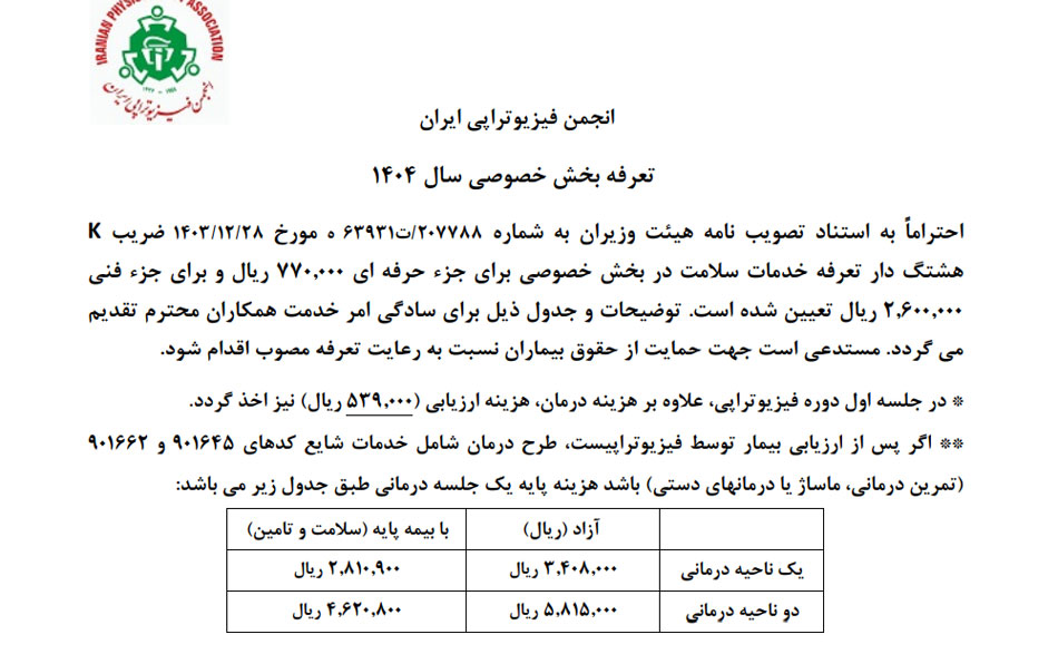 تعرفه انجمن فیزیوتراپی برای کلینیک خصوصی