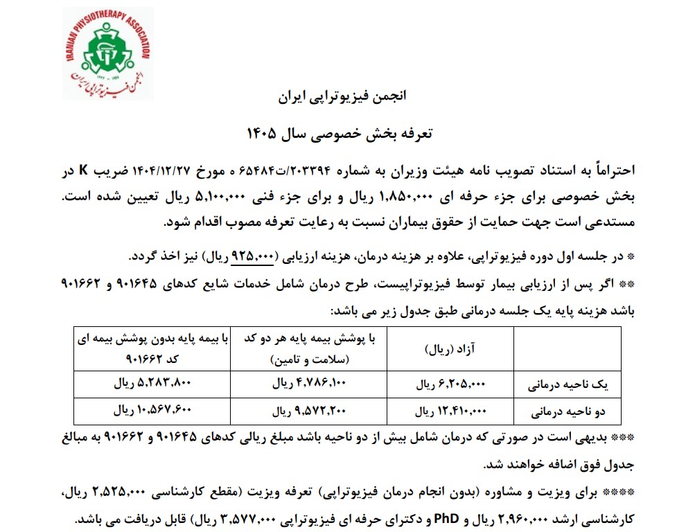 تعرفه انجمن فیزیوتراپی برای کلینیک خصوصی